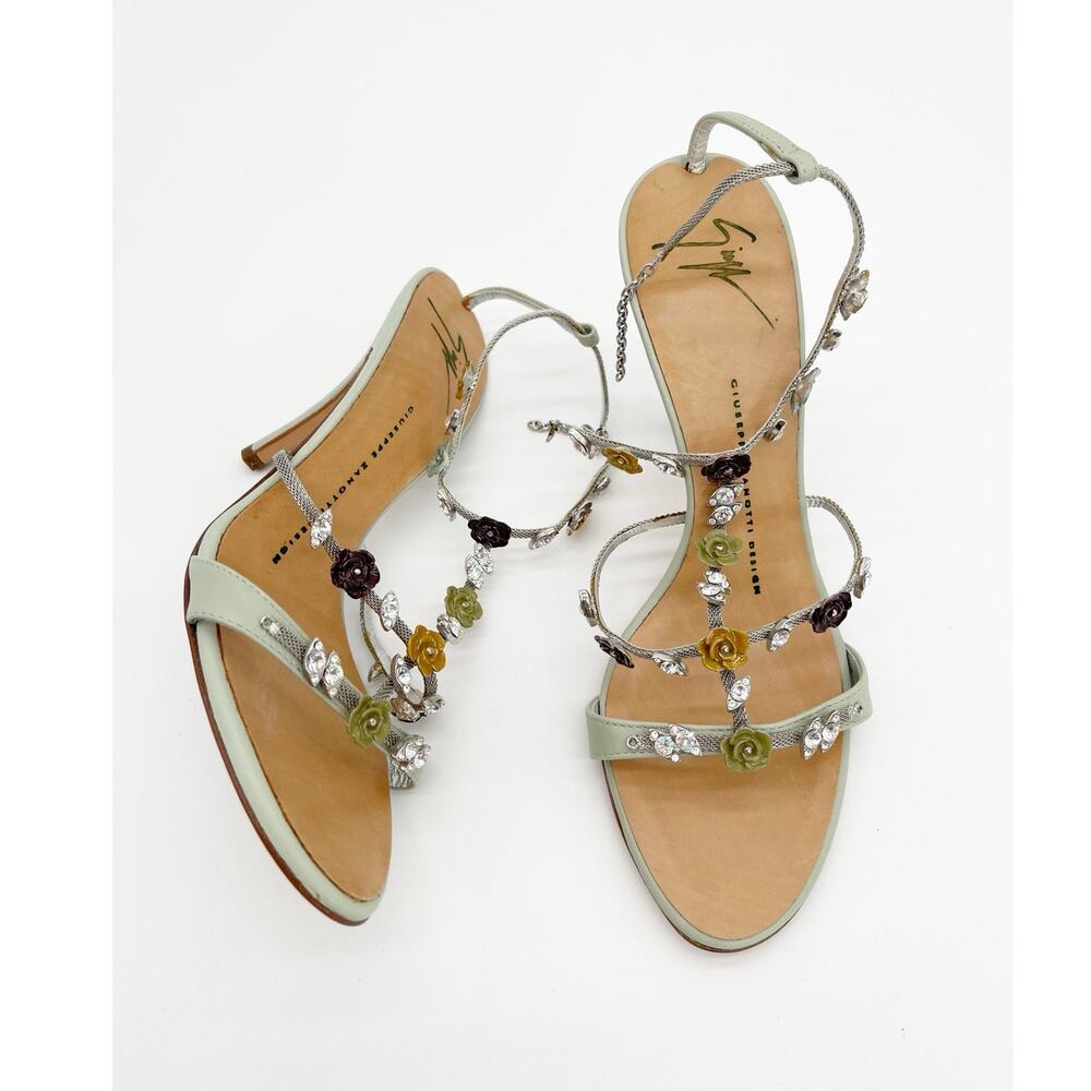 Giuseppe Zanotti Vintage Mint Green Crystal Floral T Strap Heeled Sandals US 7.5